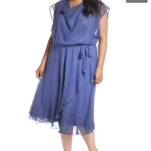 Komarov Blue Ombre Charmeuse Chiffon Blouson Drape cowl neck midi dress size 3X